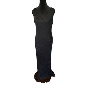 Pisarro Nights Black Silk Gown Dress Fully Beaded Women’s size 12